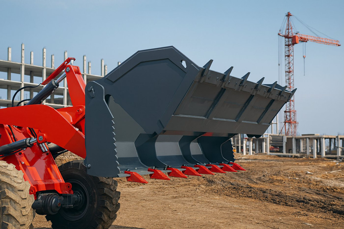 Фронтальный погрузчик с челюстным ковшом на строительной площадке при возведении дома